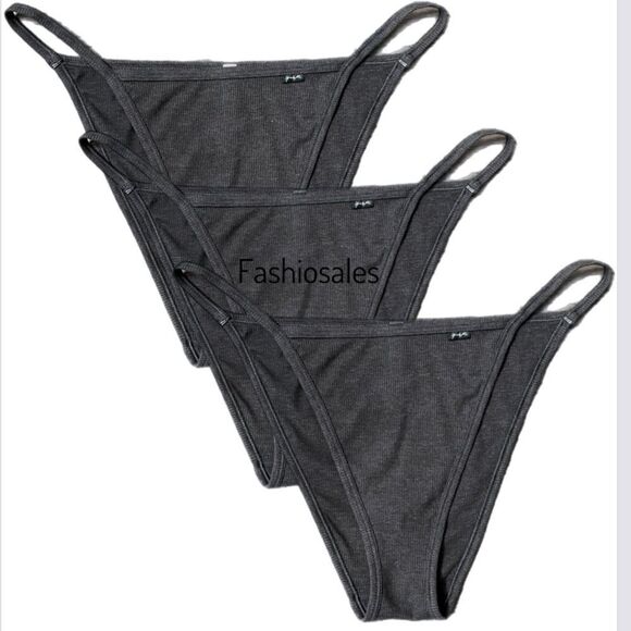 Victorias Secret Pink Soft Cotton Ribbed String Bikini panty Gray Bundle of 3 - Picture 7 of 10